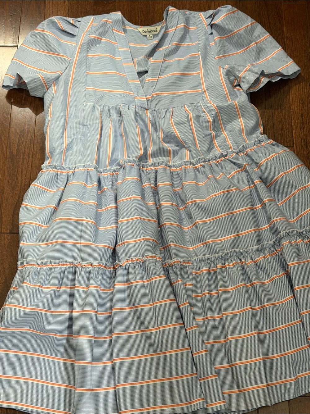 Davis and Dani Blue and Peach Striped Tiered V‑Neck Dress